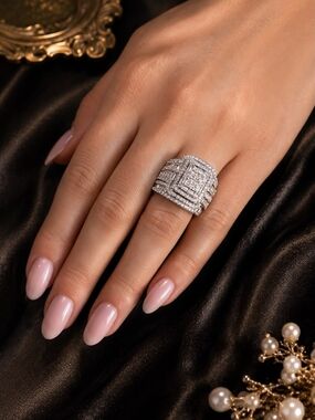Classic Silver Multi-Row Diamond Statement Ring - Silver